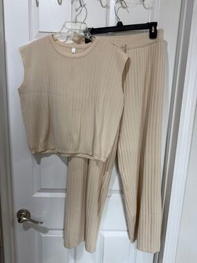 Amazon Cream Ribbed Knit Wide Leg Pants with Sleeveless Crop Top
